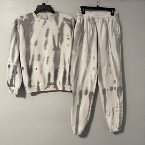 LEAH KIRSCH Tie Dye Sweatshirt Sweatpants Set Medium Gray White Relaxed‎ Fit